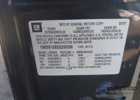 2003 GMC Envoy Slt из США, поврежденный, VIN 1GKDS13S532295298